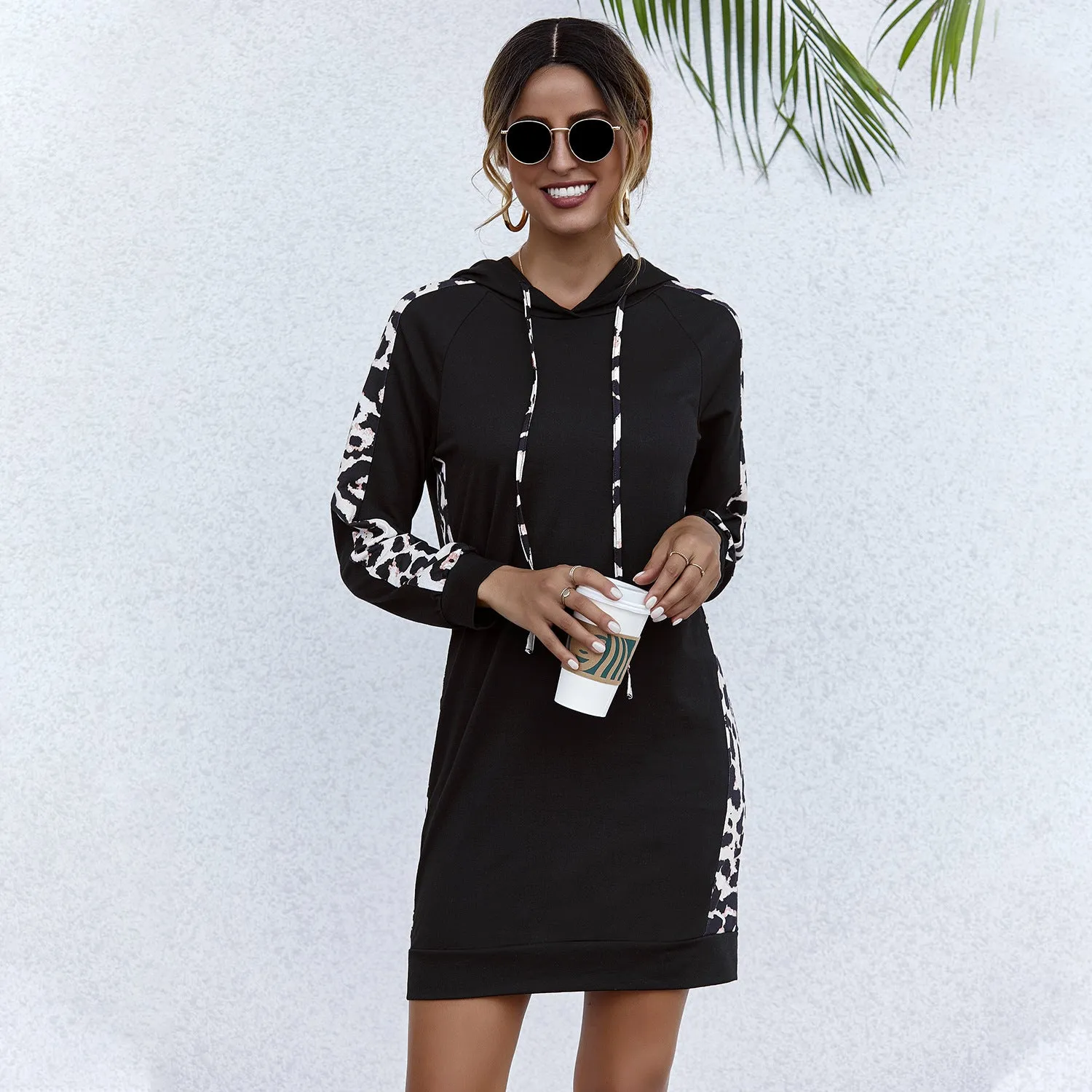 Black Hooded Leopard Side Panel Dress