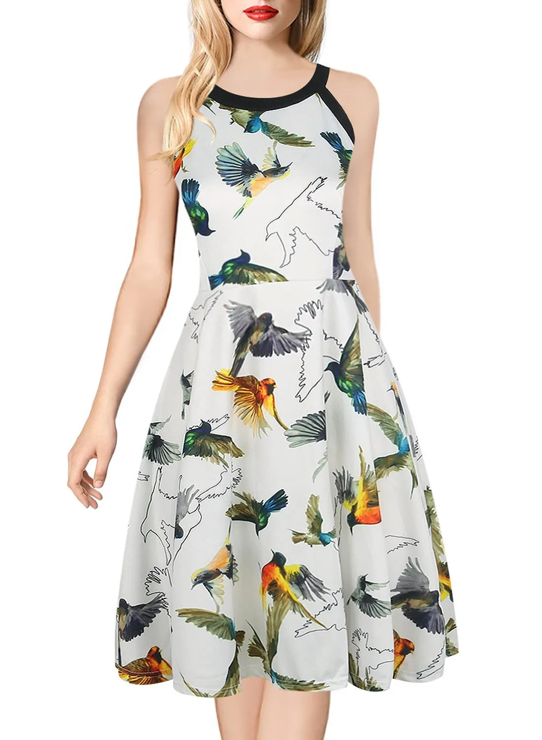 Black-Trim All-Over Print Sleeveless Dress