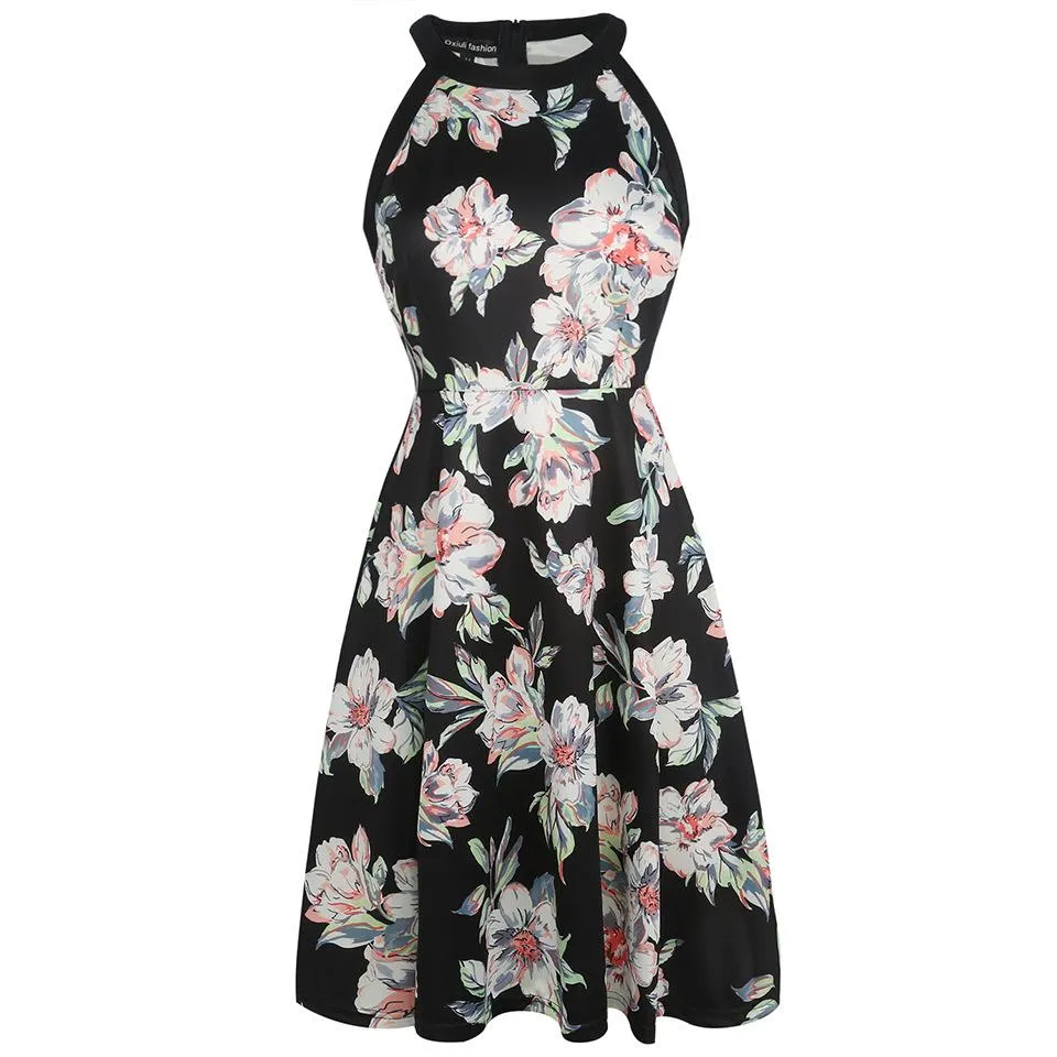 Black-Trim All-Over Print Sleeveless Dress