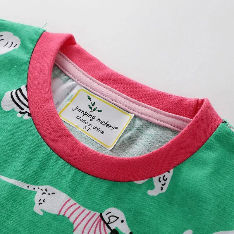 BLUE STRIPED HORSE & GREEN DOGS PRINTED DRESS