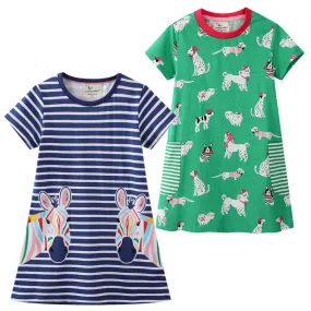 BLUE STRIPED HORSE & GREEN DOGS PRINTED DRESS