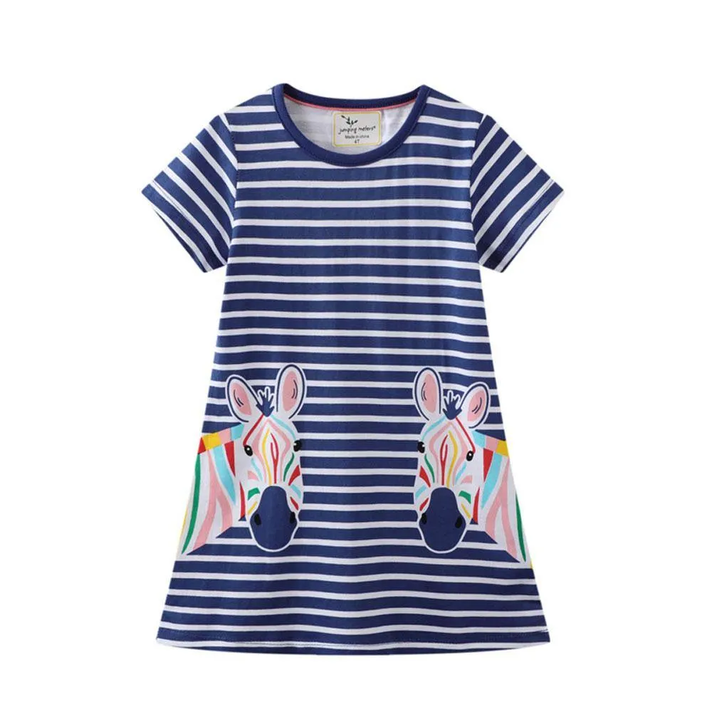 BLUE STRIPED HORSE & GREEN DOGS PRINTED DRESS