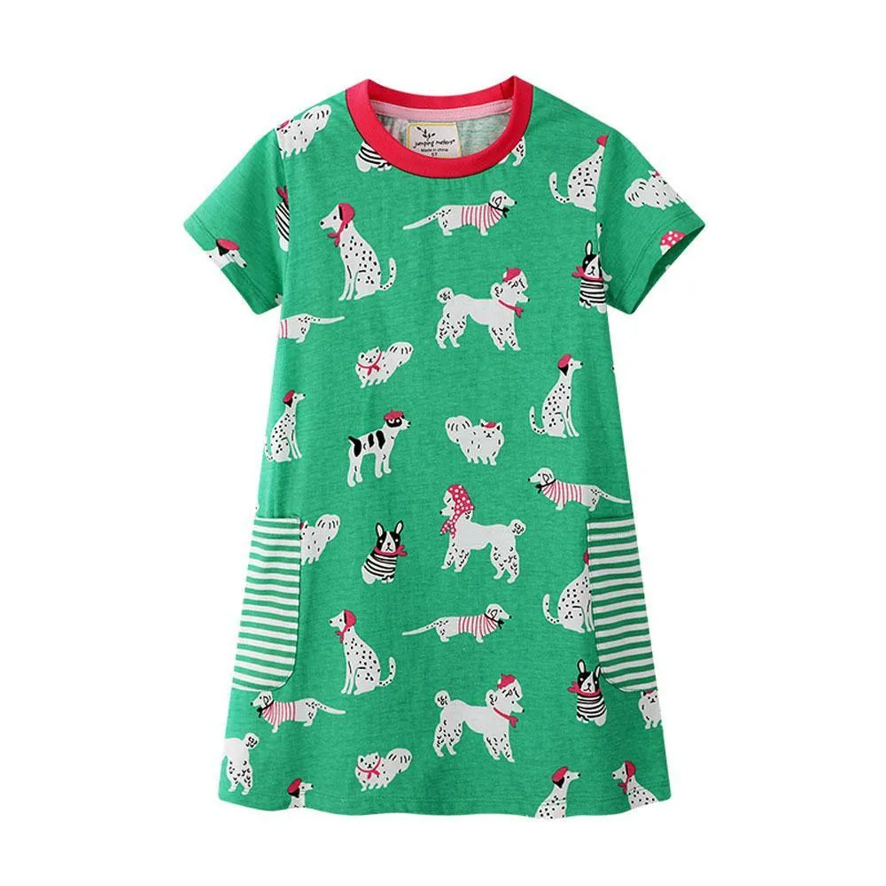 BLUE STRIPED HORSE & GREEN DOGS PRINTED DRESS