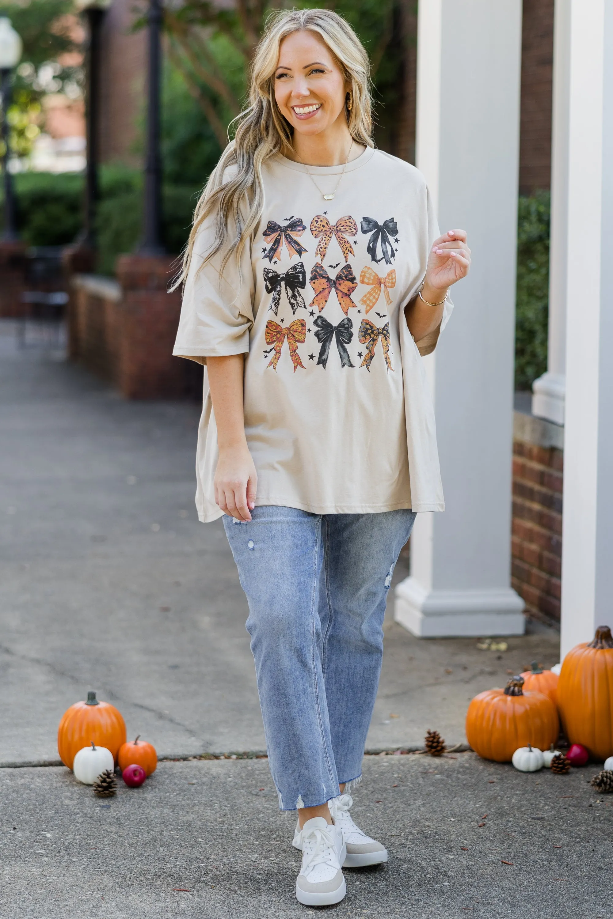 Boo-tiful Bows Boyfriend Tee, Light Mocha