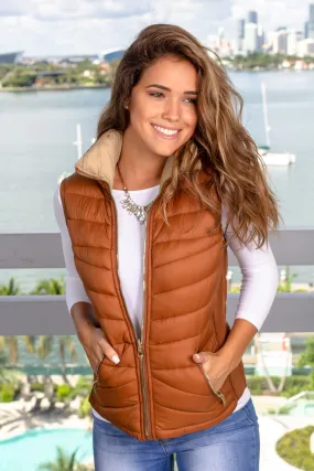 Brown and Beige Reversible Puffer Vest