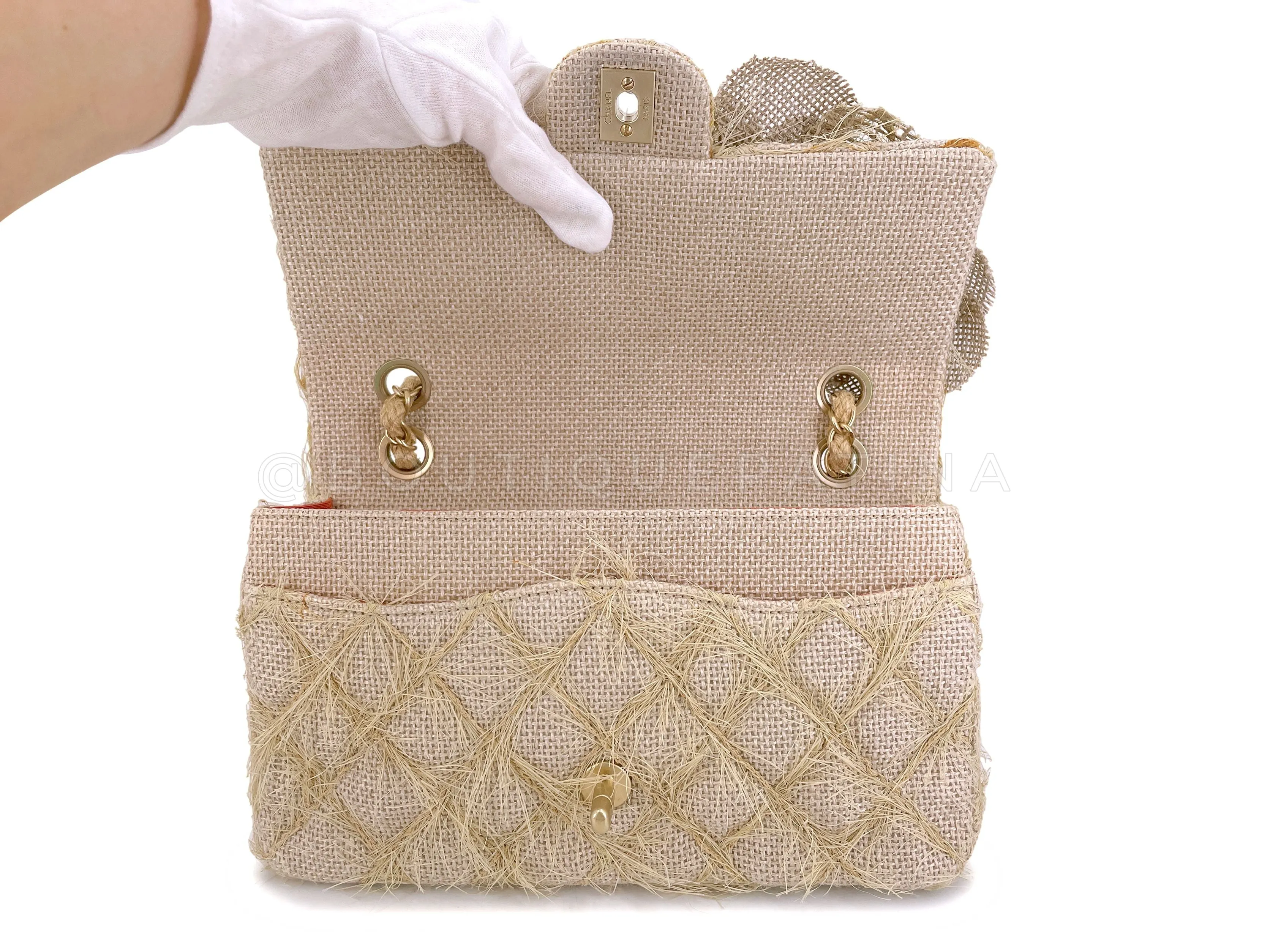 Chanel 2010 Taupe Beige Camellia Straw Raffia Classic Flap Bag GHW