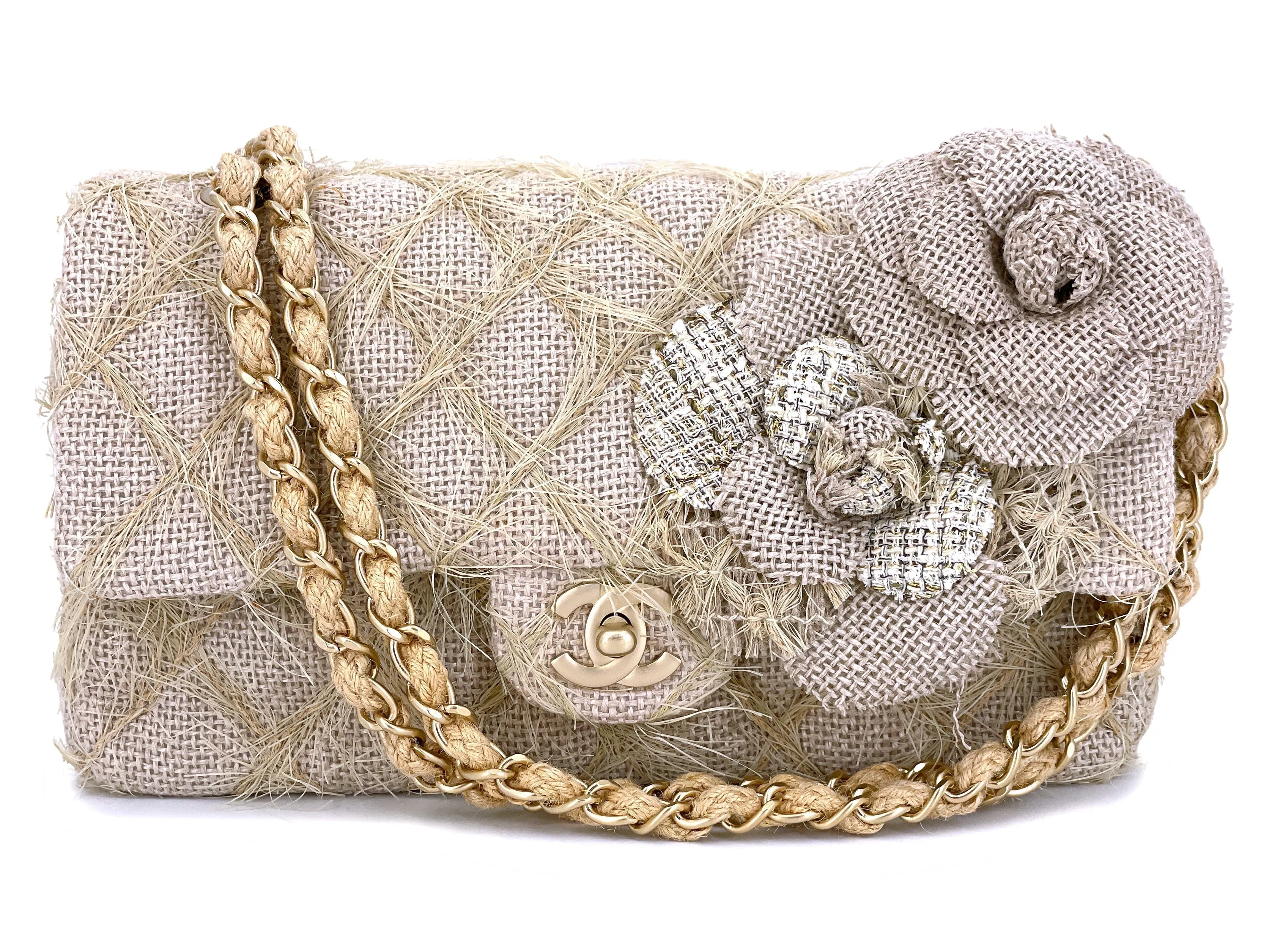 Chanel 2010 Taupe Beige Camellia Straw Raffia Classic Flap Bag GHW