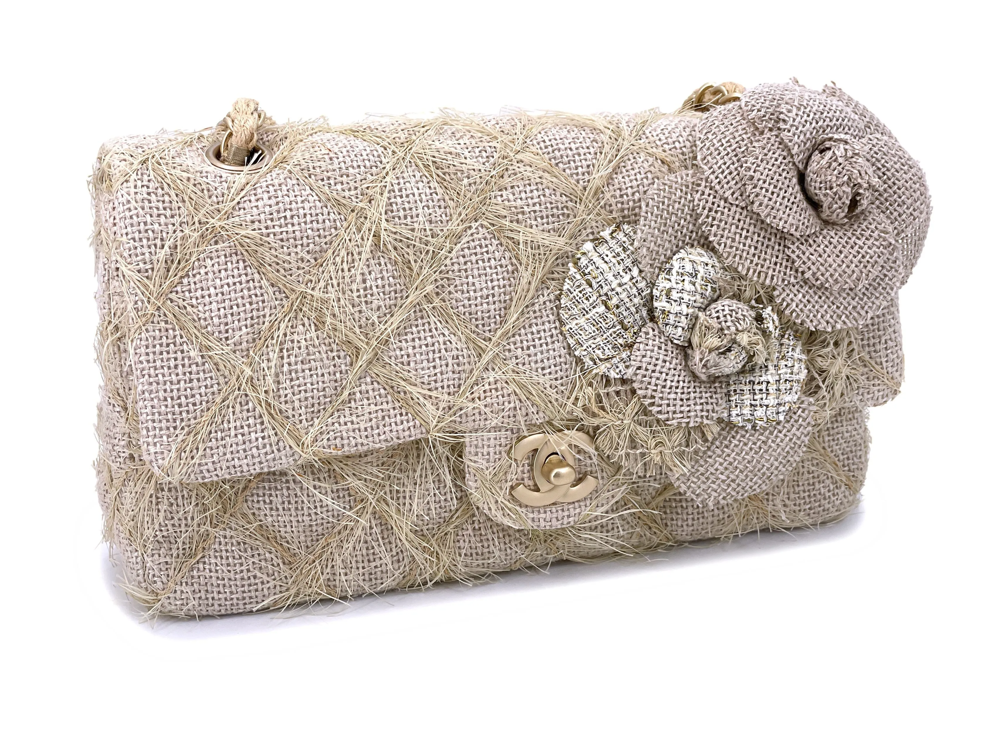 Chanel 2010 Taupe Beige Camellia Straw Raffia Classic Flap Bag GHW