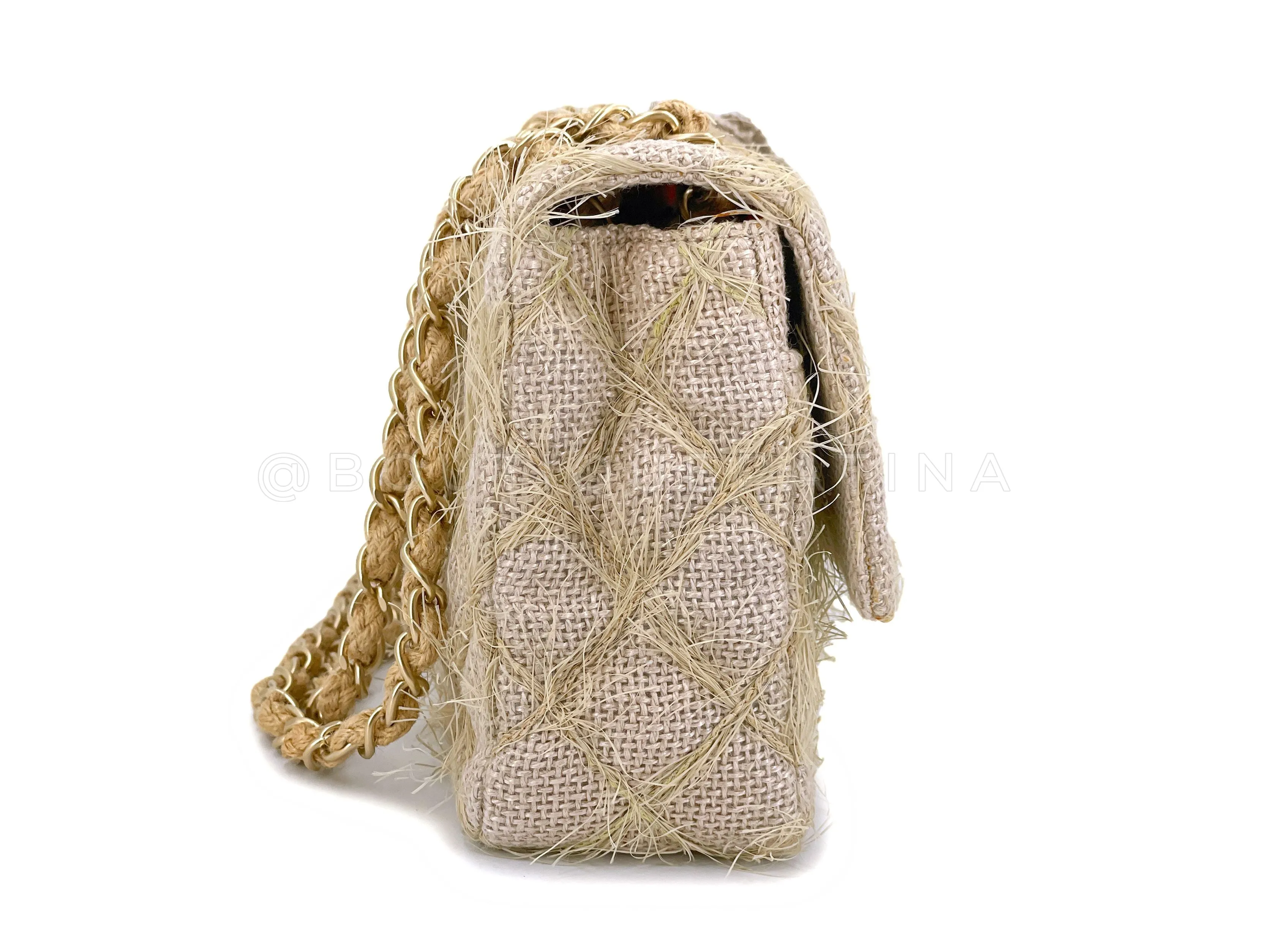 Chanel 2010 Taupe Beige Camellia Straw Raffia Classic Flap Bag GHW