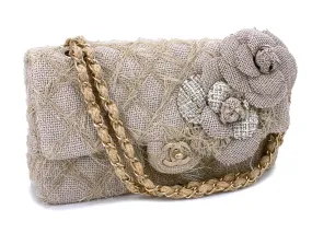 Chanel 2010 Taupe Beige Camellia Straw Raffia Classic Flap Bag GHW