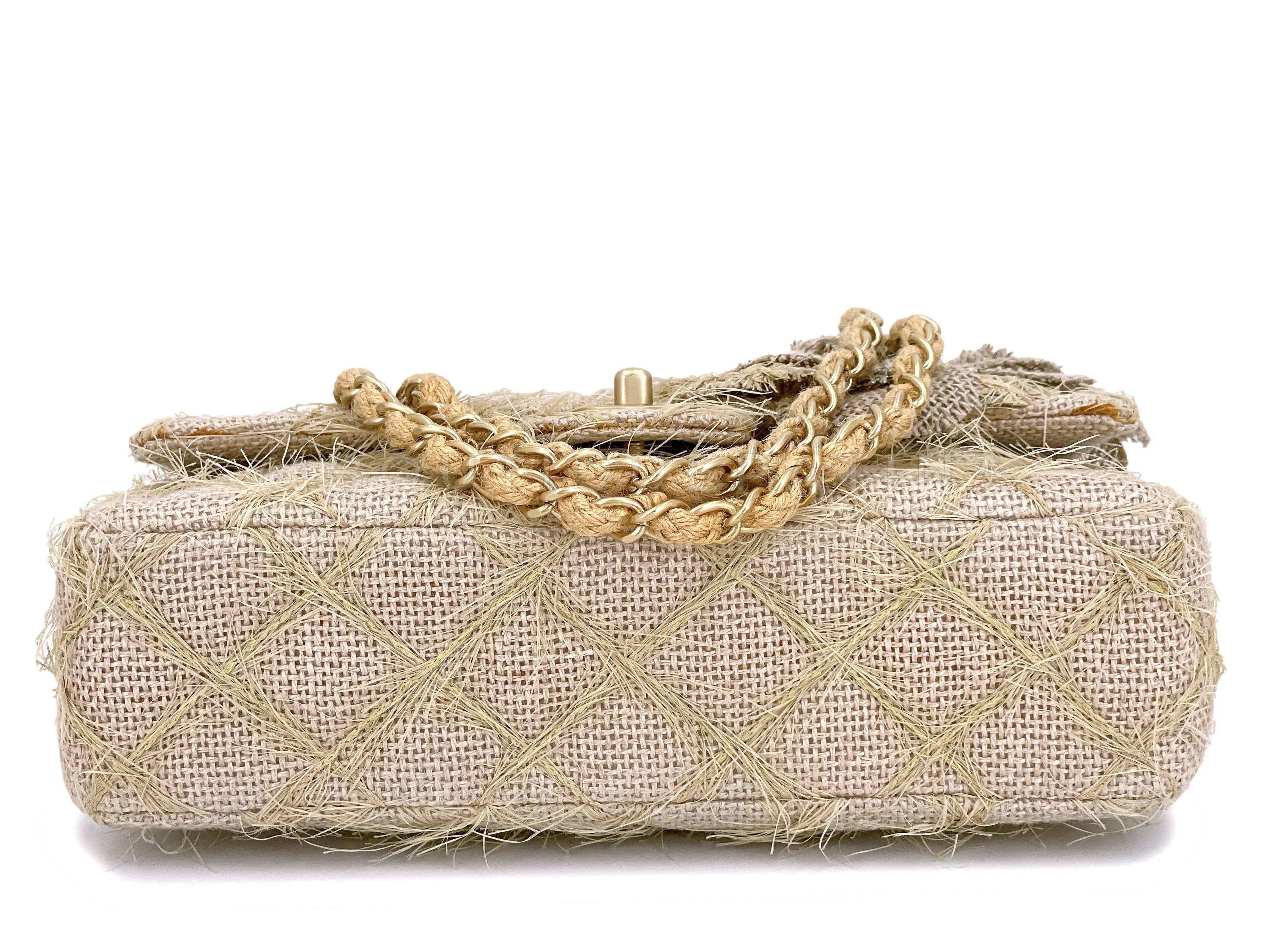 Chanel 2010 Taupe Beige Camellia Straw Raffia Classic Flap Bag GHW