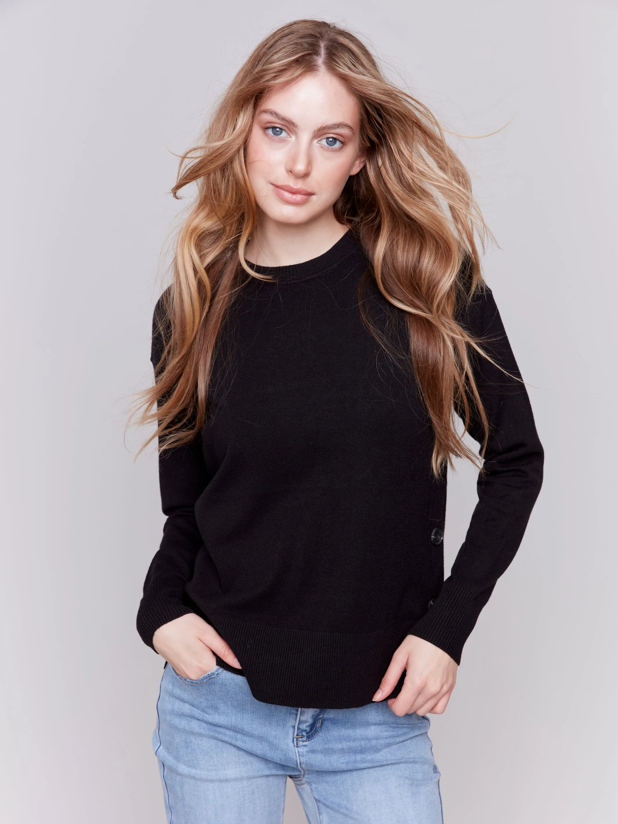 Charlie B Side Button Plush Sweater in Black