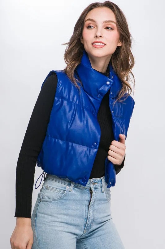 Faux Leather puffer West With Snap Button