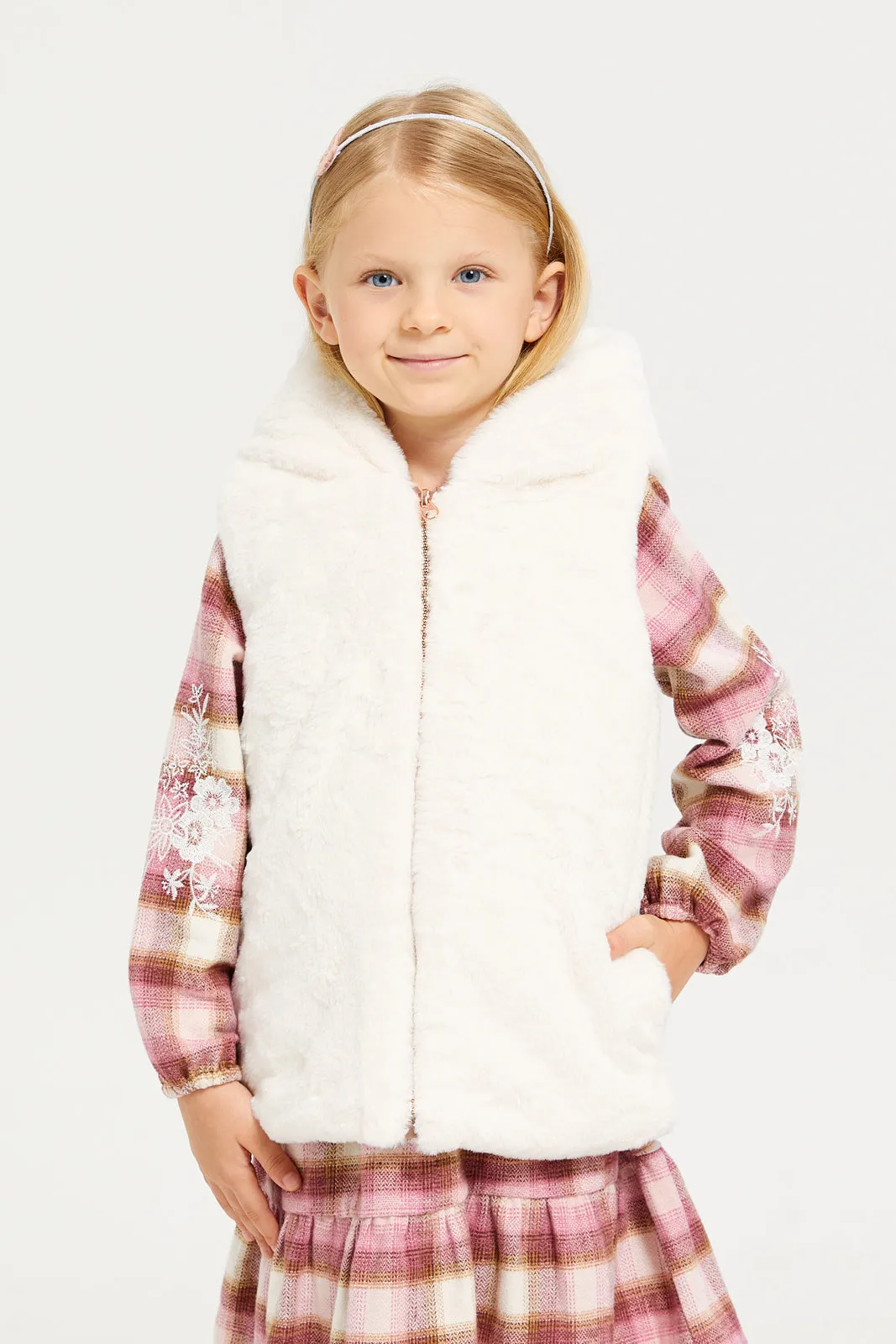 Girls White Faux Fur Gillet Jacket With Hood