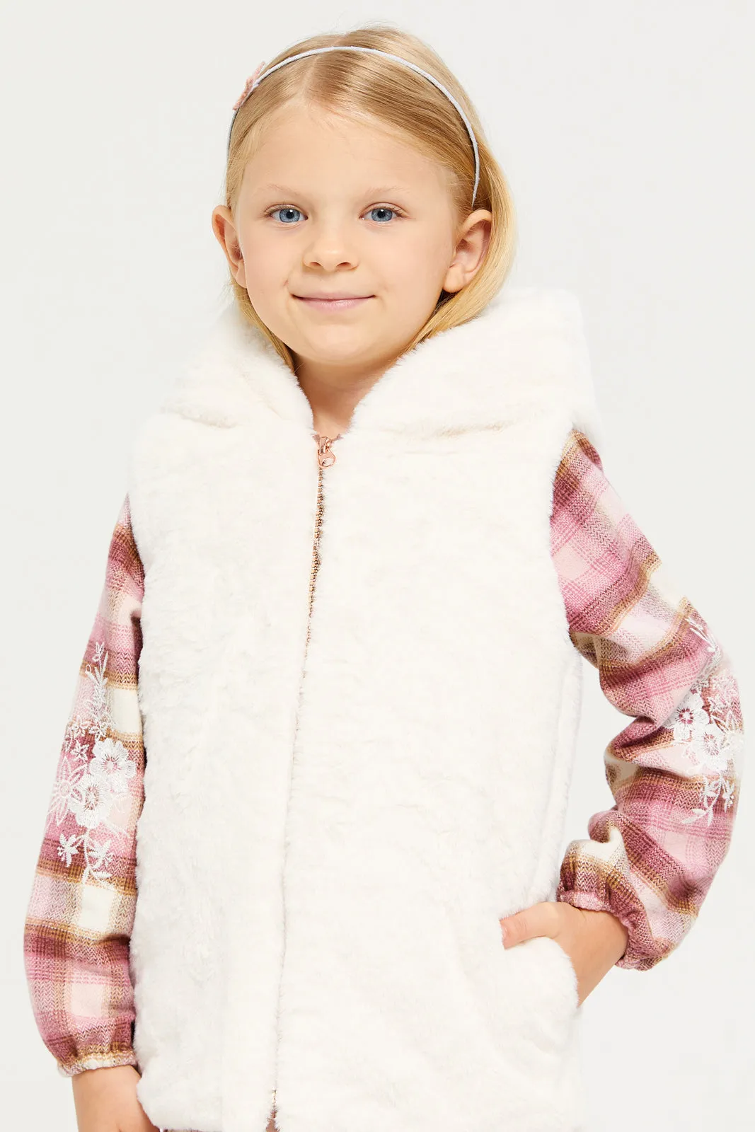 Girls White Faux Fur Gillet Jacket With Hood