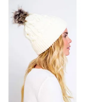 Ivory Beanie with Fur Pom