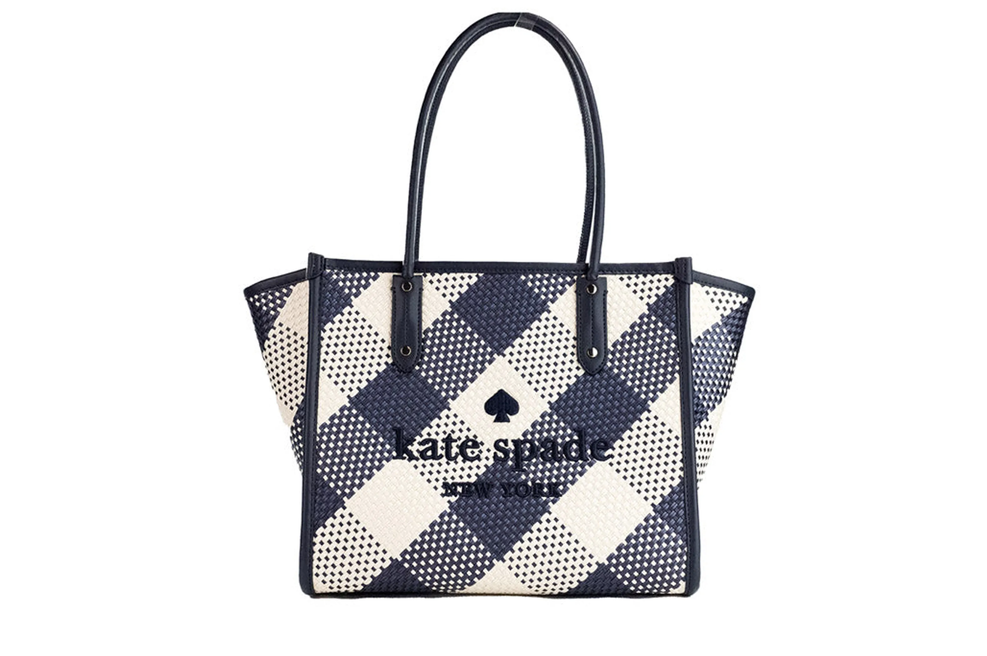 Kate Spade Ella Gingham Blazer Blue Oversized Straw Tote