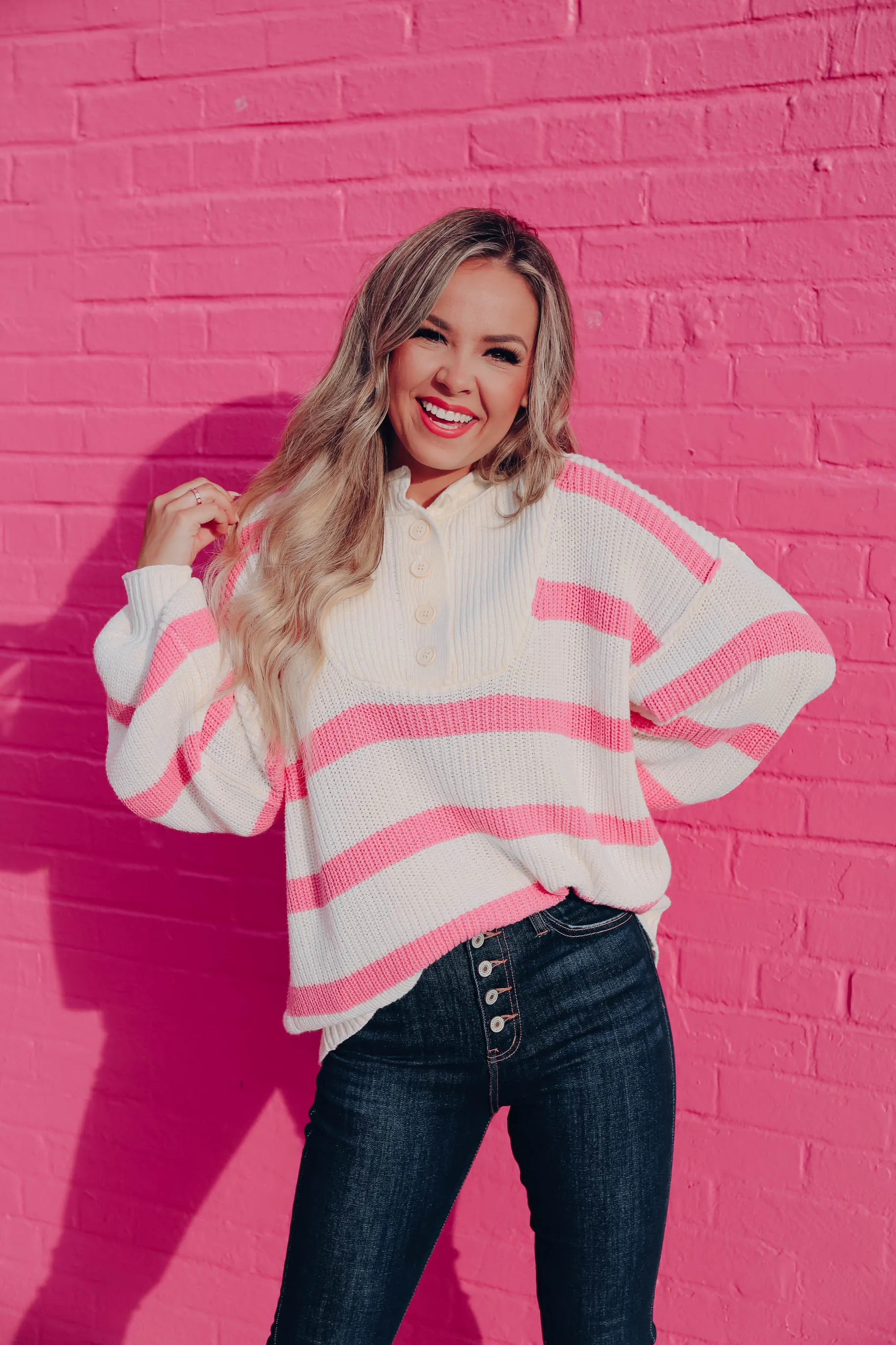 Kayley Striped Knit Sweater - White/Pink