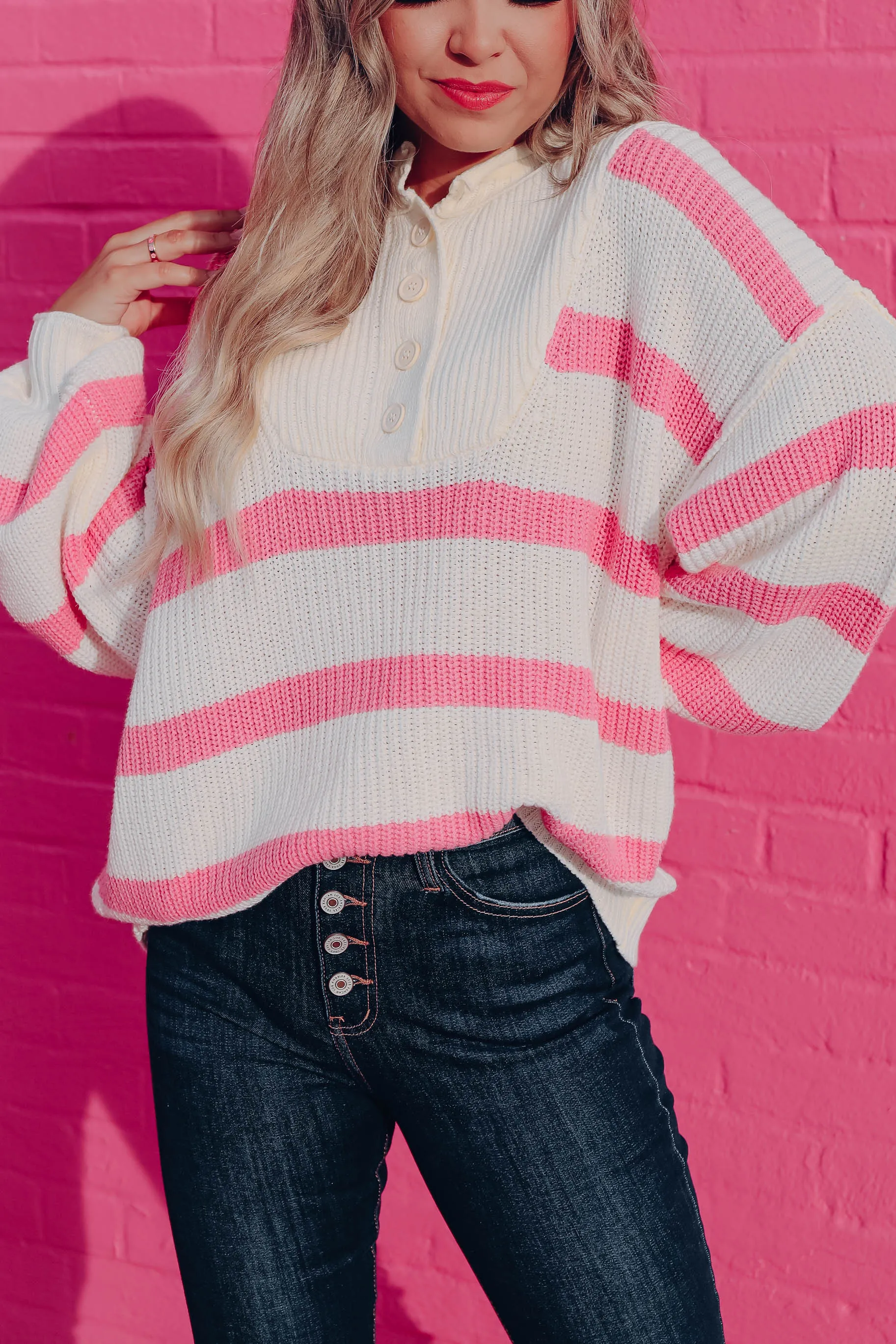 Kayley Striped Knit Sweater - White/Pink