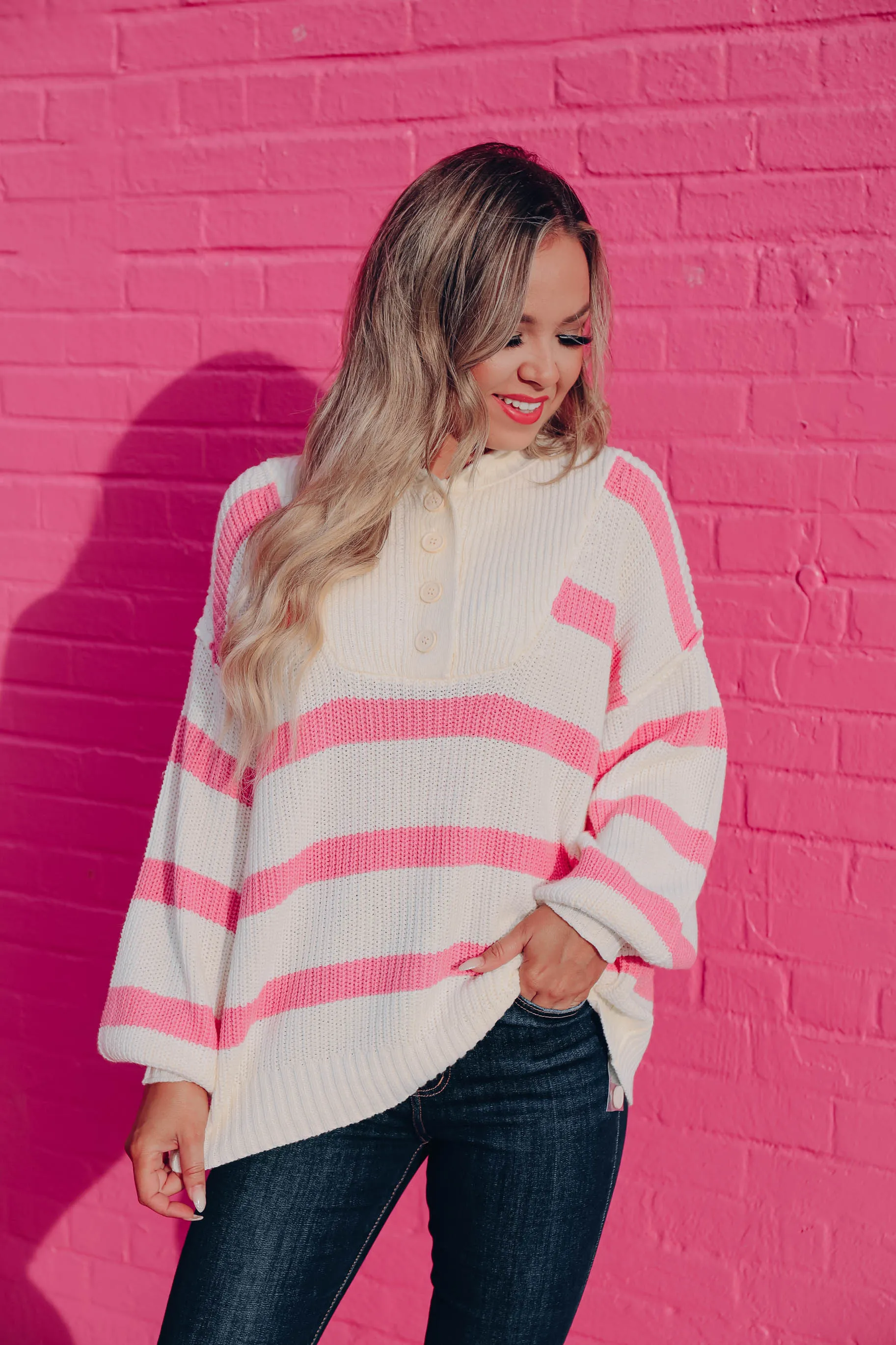 Kayley Striped Knit Sweater - White/Pink