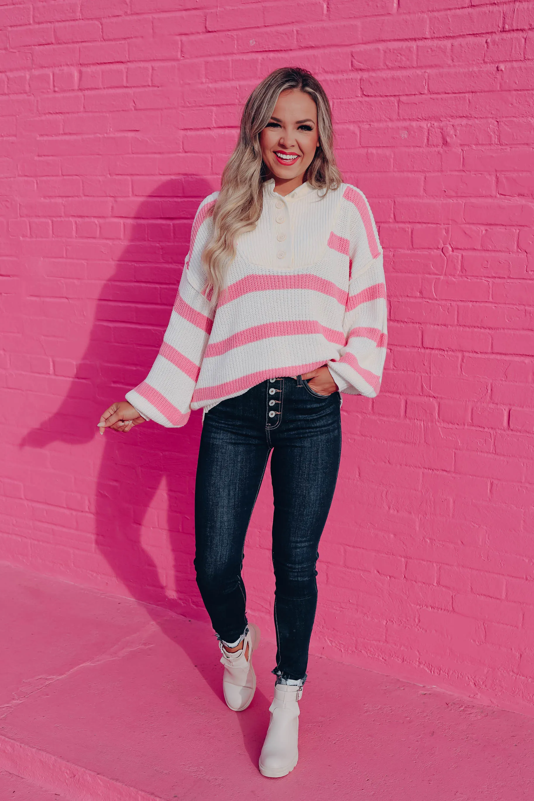 Kayley Striped Knit Sweater - White/Pink