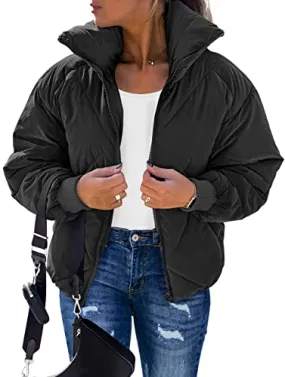 MEROKEETY Women's Long Sleeve Zipper Puffer Jacket Winter Quilted Short Down Coat with Pockets