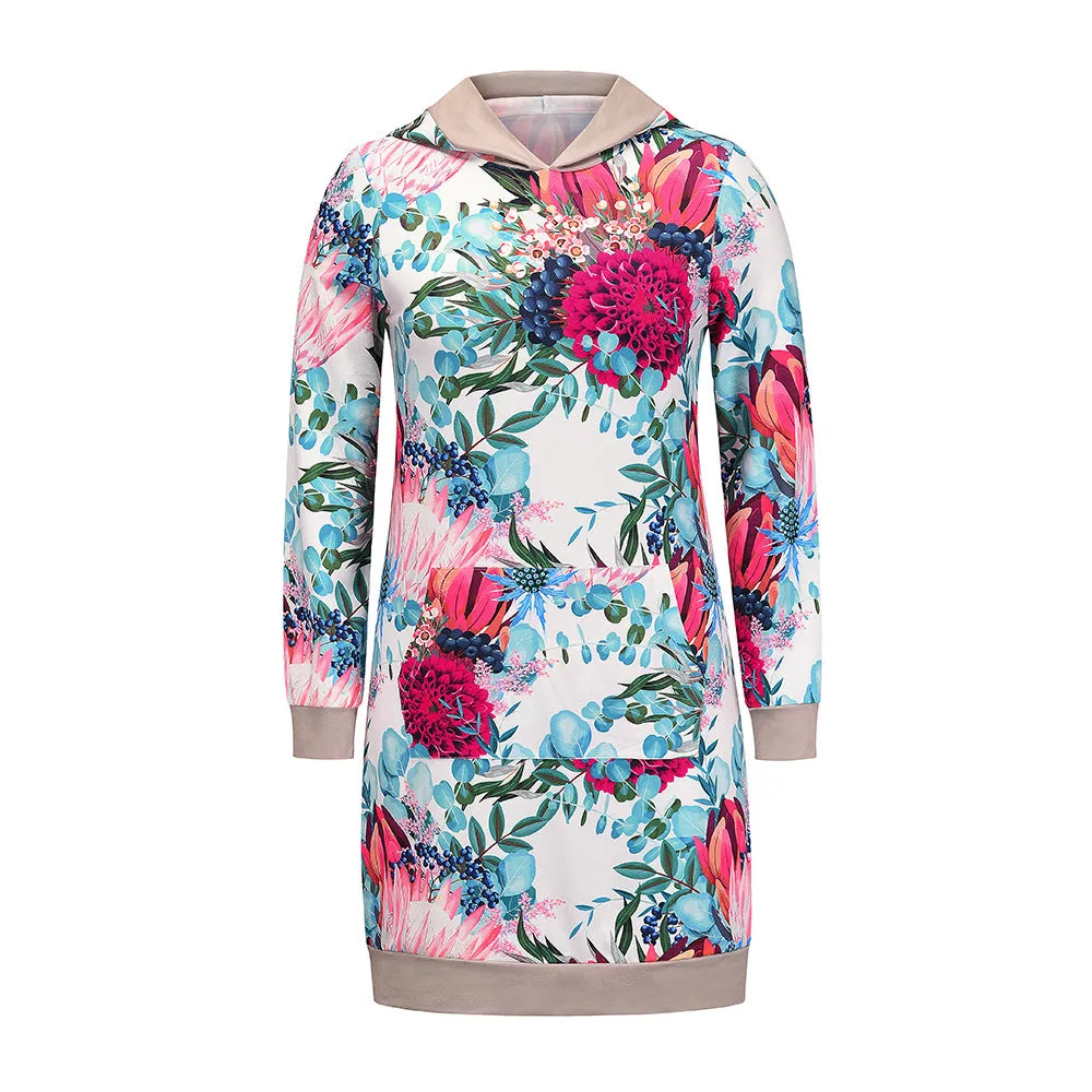 New Women Casual Flower Print Mid-length Hoodie Dress