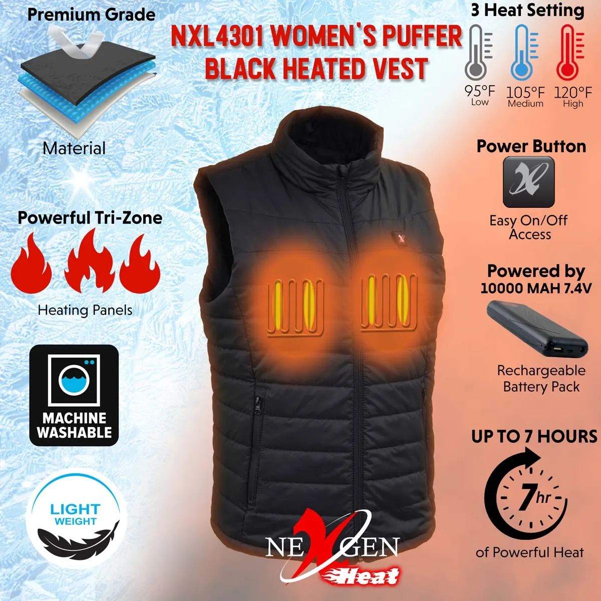 Nexgen Heat Women's NXL4301SET Puffer Black Heated Winter Vest for