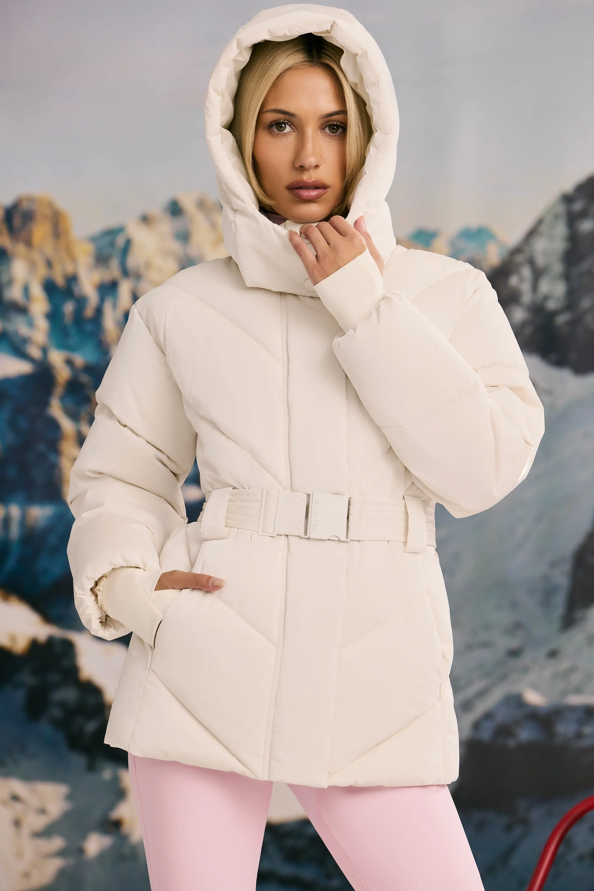 Oversized Quilted Hooded Ski Jacket in Ice White