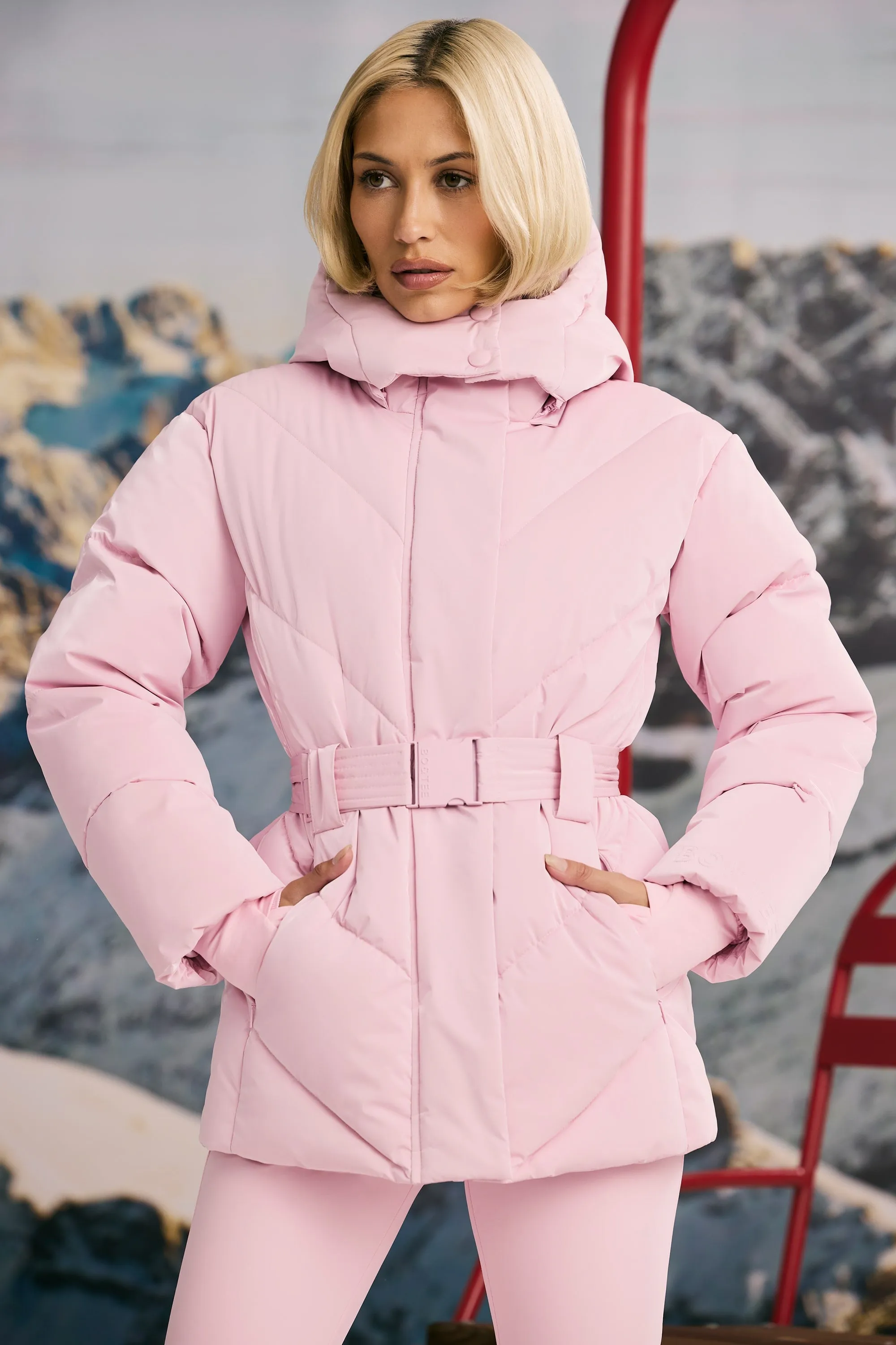 Oversized Quilted Hooded Ski Jacket in Pastel Pink