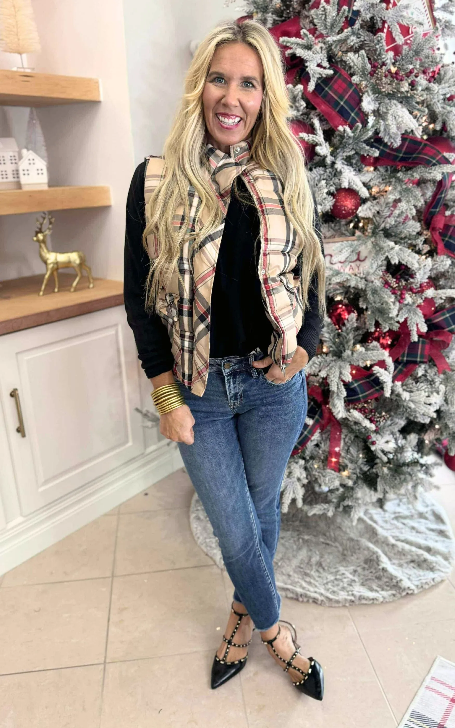 Taupe Plaid Puffer Vest