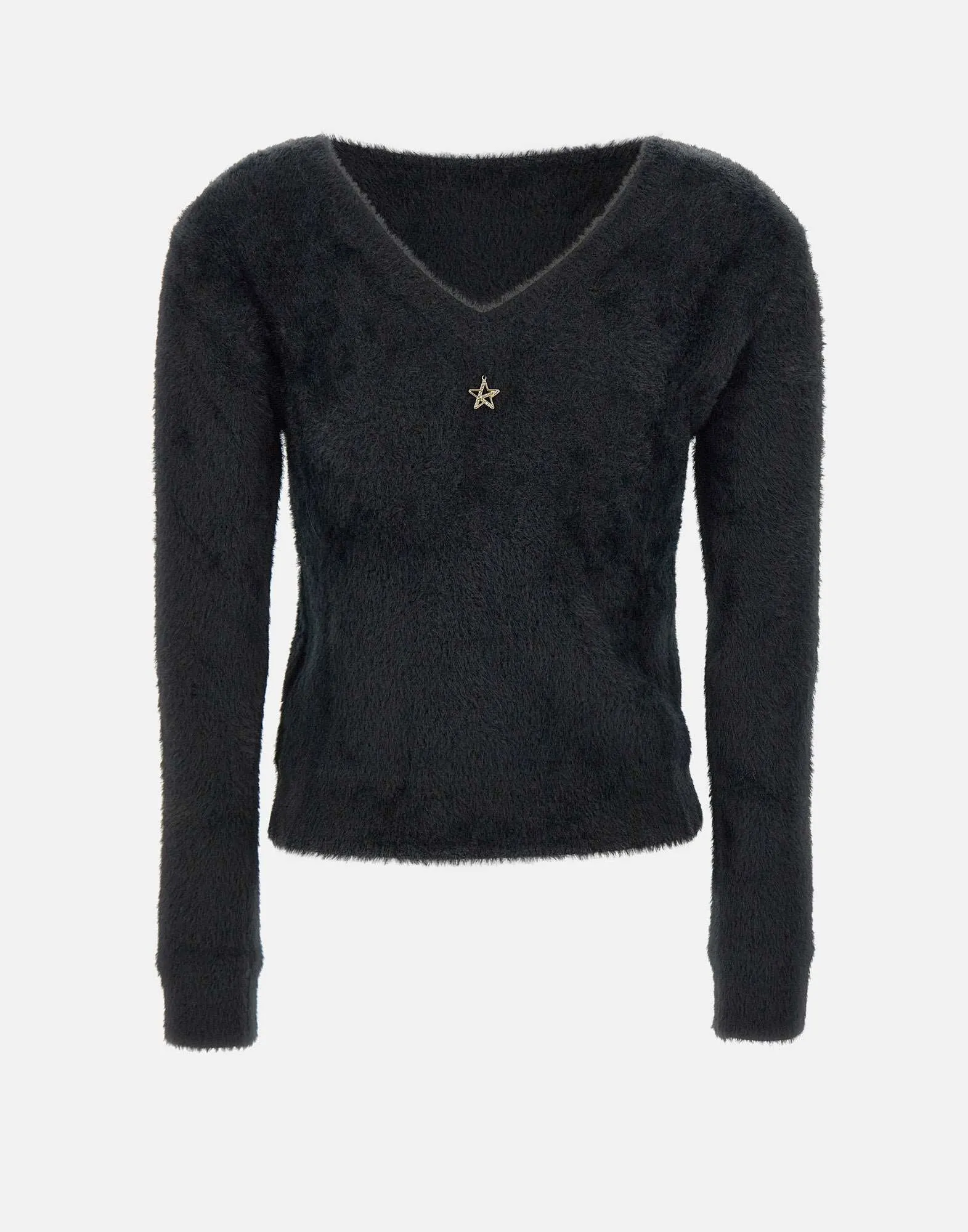 V-neck Plush Effect Black Sweater