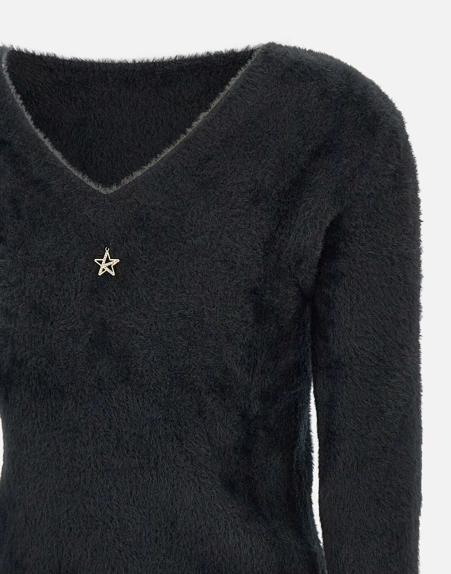 V-neck Plush Effect Black Sweater