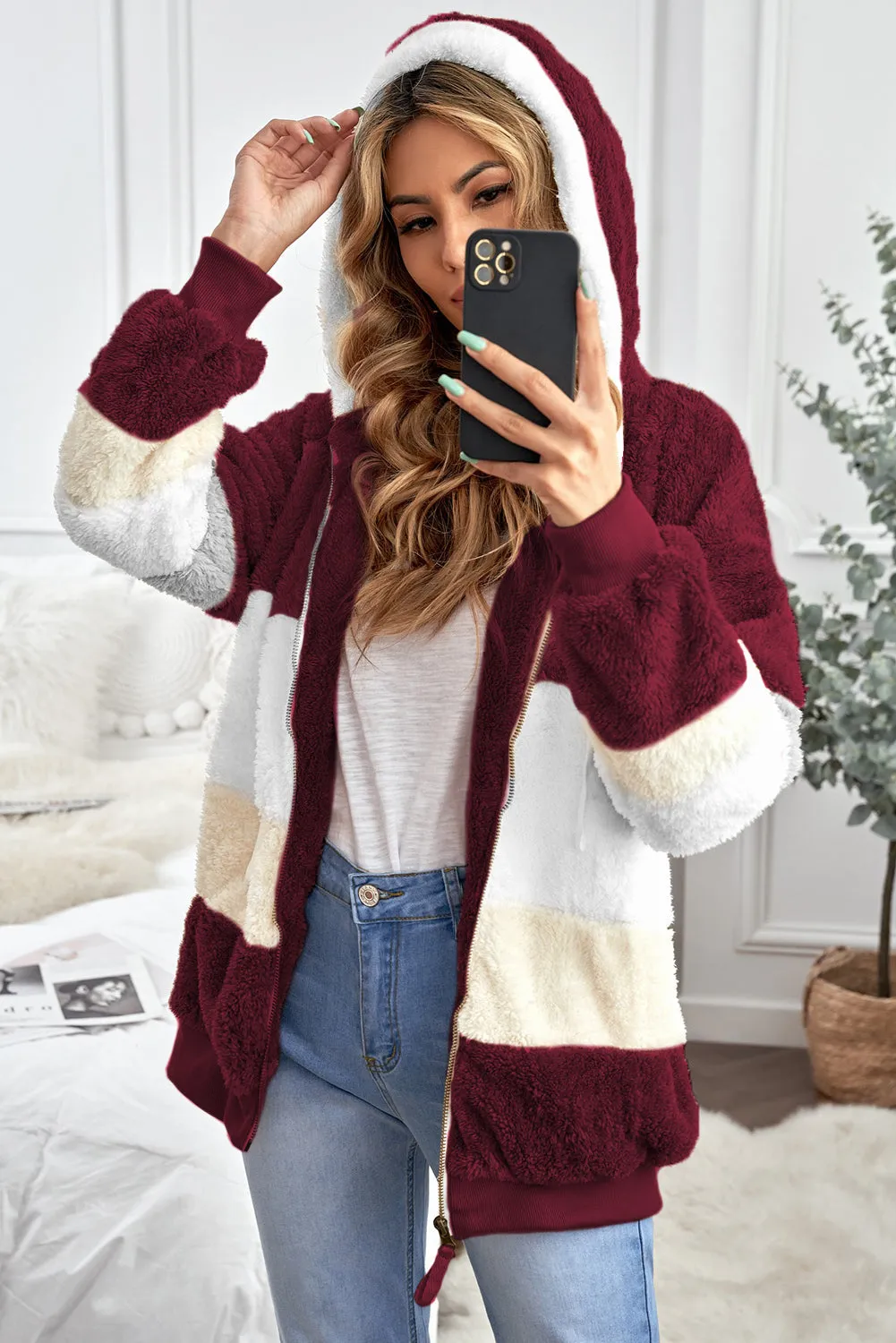 Wine Red Colorblock Zip Up Oversized Sherpa Jacket With Hood