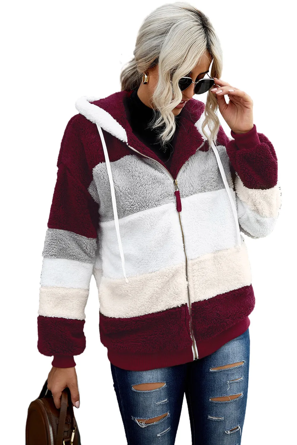 Wine Red Colorblock Zip Up Oversized Sherpa Jacket With Hood