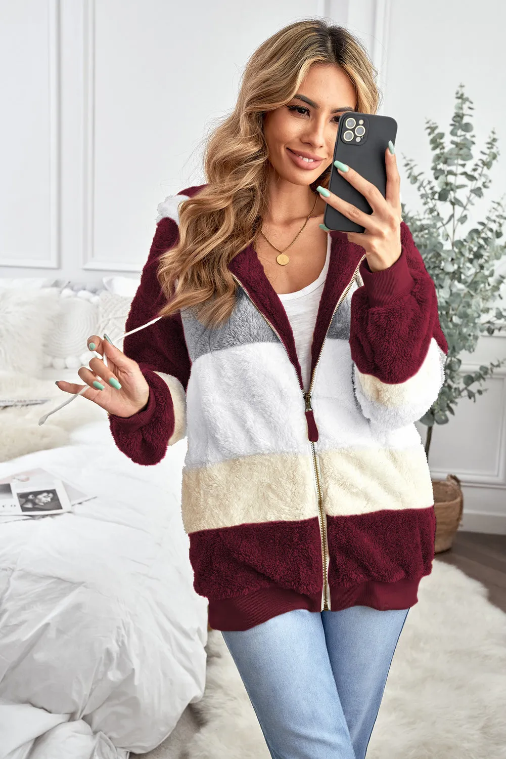 Wine Red Colorblock Zip Up Oversized Sherpa Jacket With Hood