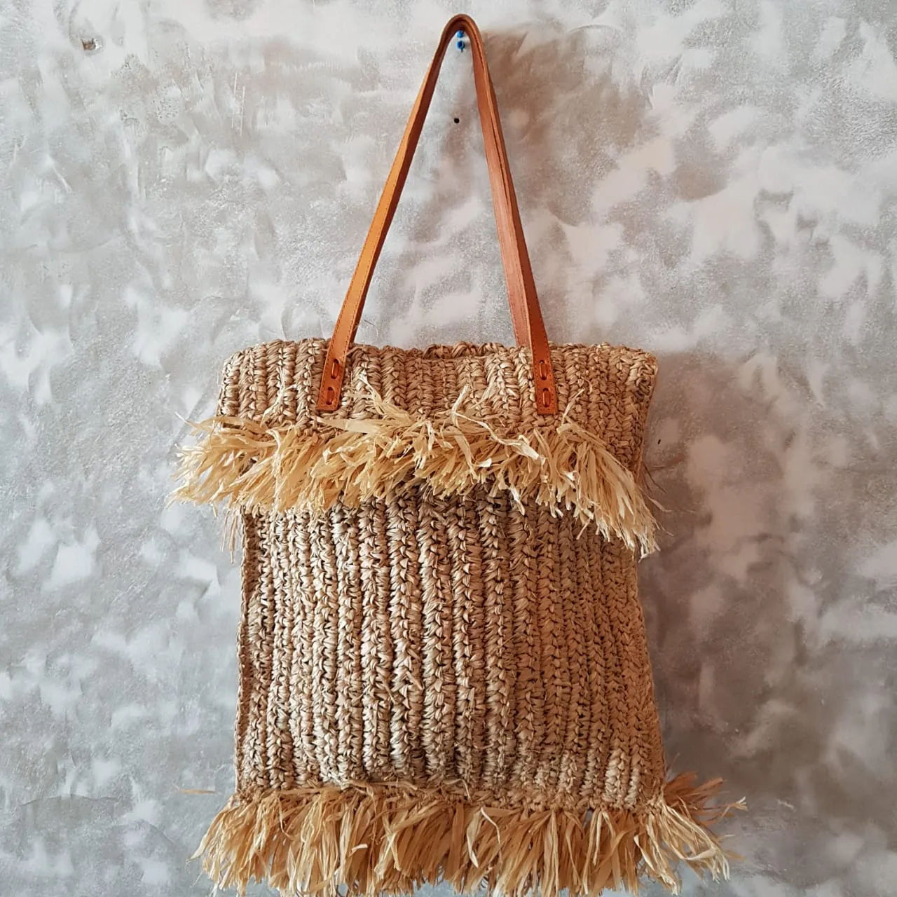 Woven Straw Grass Bag With Double Fringe In Black Or Natural Colors