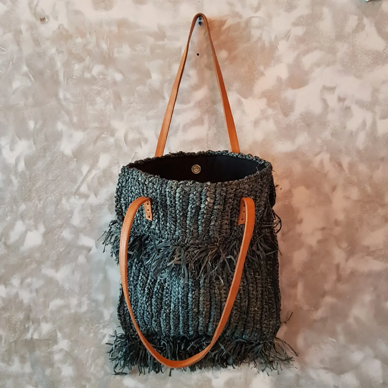 Woven Straw Grass Bag With Double Fringe In Black Or Natural Colors